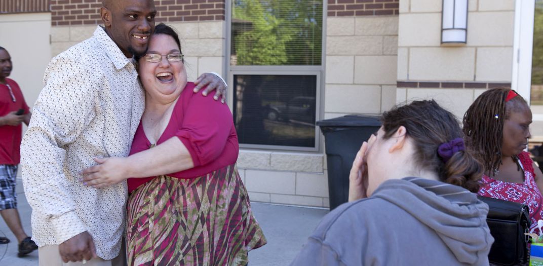 residents laughing outside