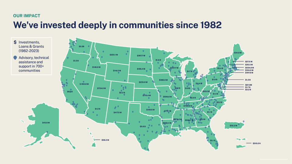 Our impact - we've invested deeply in communities since 1982. A map of the United States in green reflects these investments.